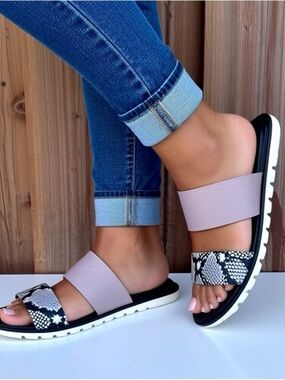 Sorel Leather Snake Print Slides Womens Sz 6 Ella Black Vapor Sandals Slip On